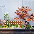 Garden Landscape With Red Maple Tree Stone Mushrooms Green Plants Lattice Fence And White Wall