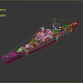 Large Battleship Water Transport with Multiple Turrets Masts Gray Hull and Red Bottom Design