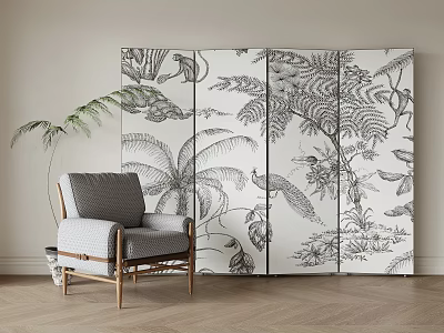 Decorative Room Divider Screen With Black And White Plant And Bird Patterns In Living Room 3d model