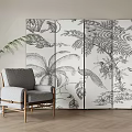 Decorative Room Divider Screen With Black And White Plant And Bird Patterns In Living Room