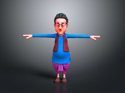 3D Character With Black Curly Hair Glasses Blue Top Purple Pants Brown Shoes Arms Outstretched 3d model