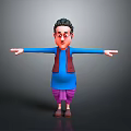 3D Character With Black Curly Hair Glasses Blue Top Purple Pants Brown Shoes Arms Outstretched