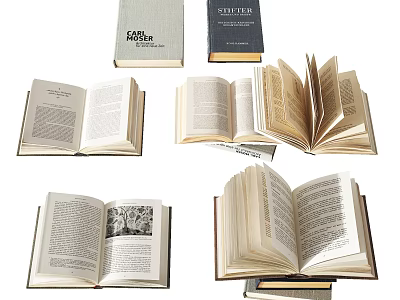 Various Open Books With Different Topics Featuring Pages Containing Text And 3d model