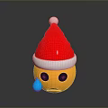Yellow Crying Emoji Decorative Figurine With Red Santa Hat White Trim White Pom Pom And Blue Tear