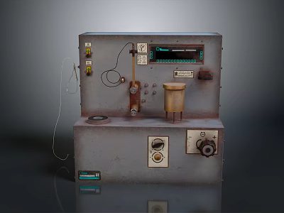 Vintage Metal Industrial Control Panel With Gauges Knobs And Wires 3d model