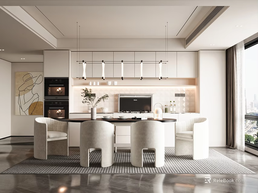 Modern Restaurant Interior Design With Dining Table White Chairs Pendant Lights And City View 3d model 