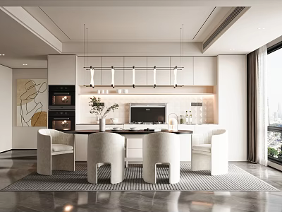 Modern Restaurant Interior Design With Dining Table White Chairs Pendant Lights And City View 3d model