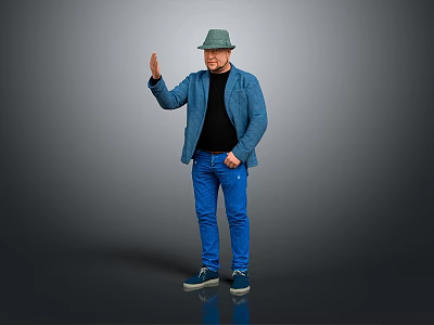Man wearing blue jacket black shirt blue jeans green hat waving hand against gray background 3d model