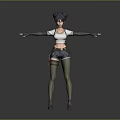 Woman With Double Buns White Crop Top Dark Shorts Green Socks Tool Belt Arms Outstretched