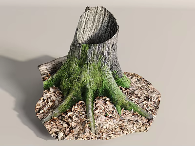 Old Tree Stump with Rough Wooden Texture and Green Moss Surrounded by Wood Chips 3d model