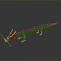 Detailed 3D Green Dragon Model With Red Dorsal Fins White Horns On Gray Background