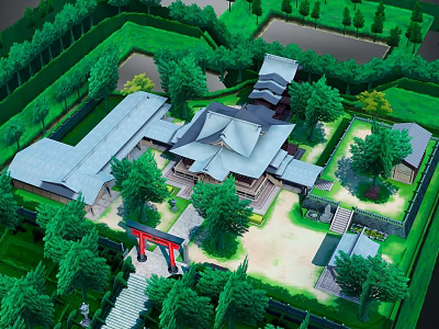 Traditional Ancient Architecture Complex Featuring Classic Roof And Lush Garden Surrounded By Trees 3d model