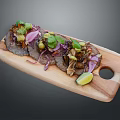 Three Fresh Tacos on Wooden Platter with Vegetables Cilantro Avocado Slices and Lime Wedge