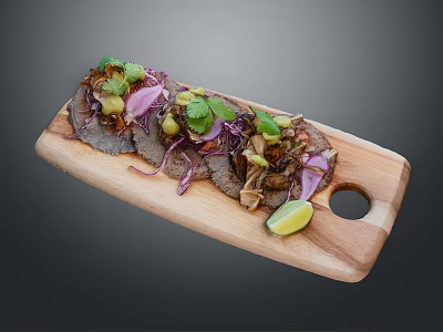 Three Fresh Tacos on Wooden Platter with Vegetables Cilantro Avocado Slices and Lime Wedge 3d model