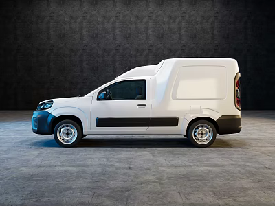 White Commercial Van With Single Cab Black Accents On Gray Floor Dark Background 3d model