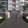 Modern Building Entrance Feature Wall With Decorative Columns Lush Greenery And Paved Ground