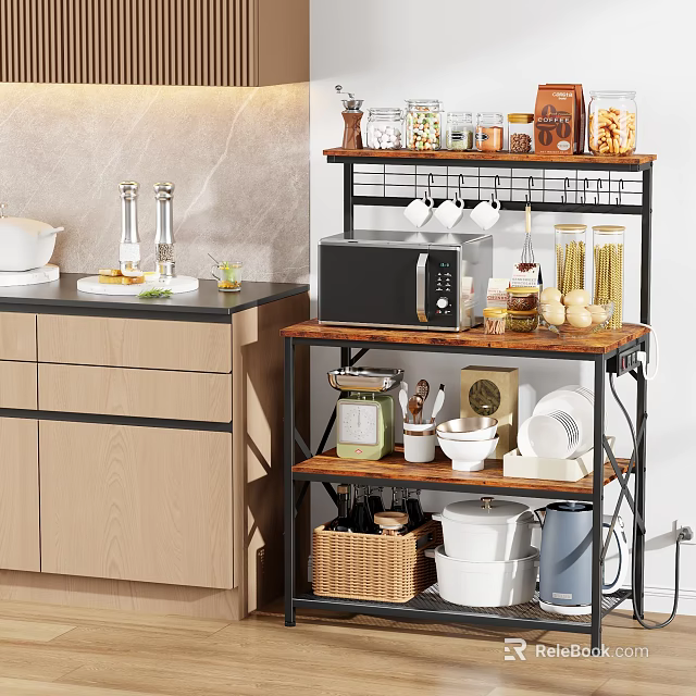 Multi Tiered Kitchen Storage Shelf With Microwave Jars Bowls And Basket 3d model 