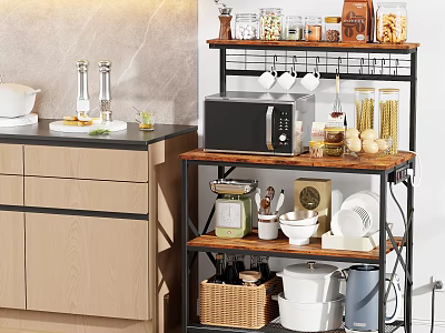 Multi Tiered Kitchen Storage Shelf With Microwave Jars Bowls And Basket 3d model