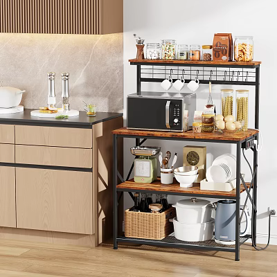 Multi Tiered Kitchen Storage Shelf With Microwave Jars Bowls And Basket 3d model