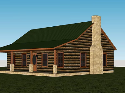 Log Cabin Exterior Featuring Green Roof Stone Chimney And Wooden Structure 3d model