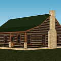 Log Cabin Exterior Featuring Green Roof Stone Chimney And Wooden Structure
