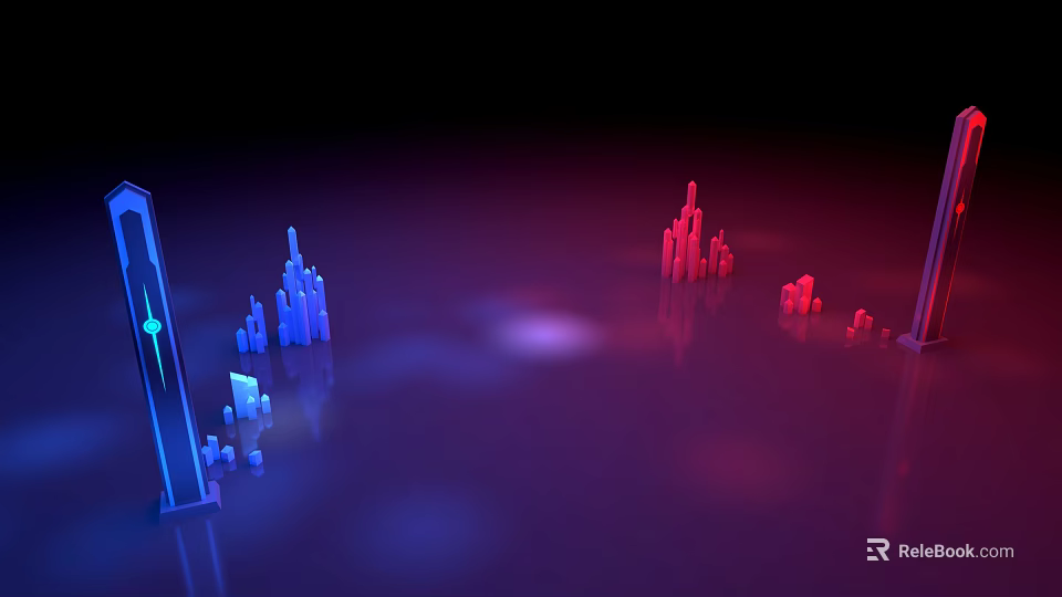 Interactive Zone With Blue And Red 3D Geometric Shapes And Reflections On Dark Background 3d model 