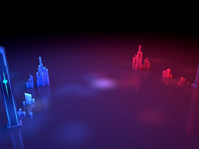 Interactive Zone With Blue And Red 3D Geometric Shapes And Reflections On Dark Background 3d model