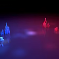 Interactive Zone With Blue And Red 3D Geometric Shapes And Reflections On Dark Background 3d model