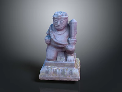 Ancient Stone Carved Human Figure Statue With Ornate Base Holding Staff 3d model