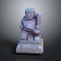 Ancient Stone Carved Human Figure Statue With Ornate Base Holding Staff