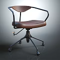 Brown Leather Curved Back Office Chair With Black Metal Armrests And Rolling Base