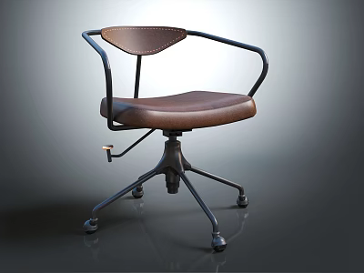 Brown Leather Curved Back Office Chair With Black Metal Armrests And Rolling Base 3d model