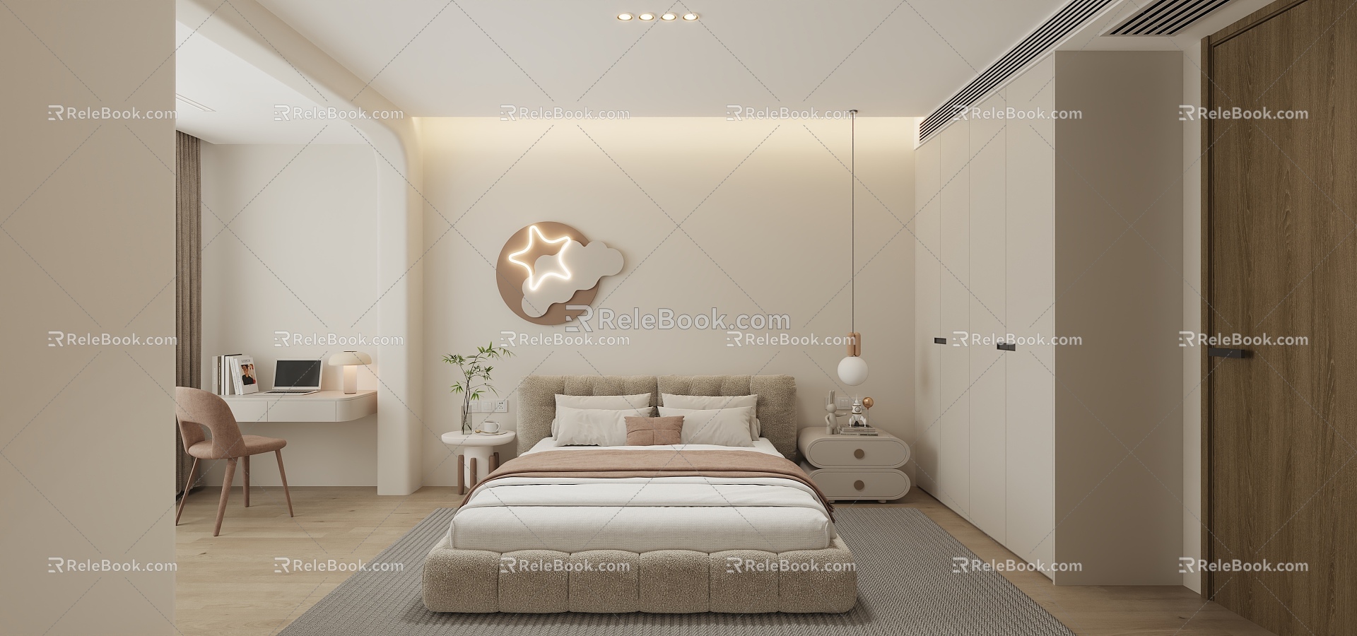 Modern Cream Style Bedroom Wardrobe Bookshelf 3d model