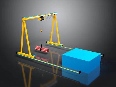 Yellow Gantry Crane Setup With Red Cylindrical Object And Blue Cuboid Structure 3d model