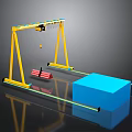 Yellow Gantry Crane Setup With Red Cylindrical Object And Blue Cuboid Structure