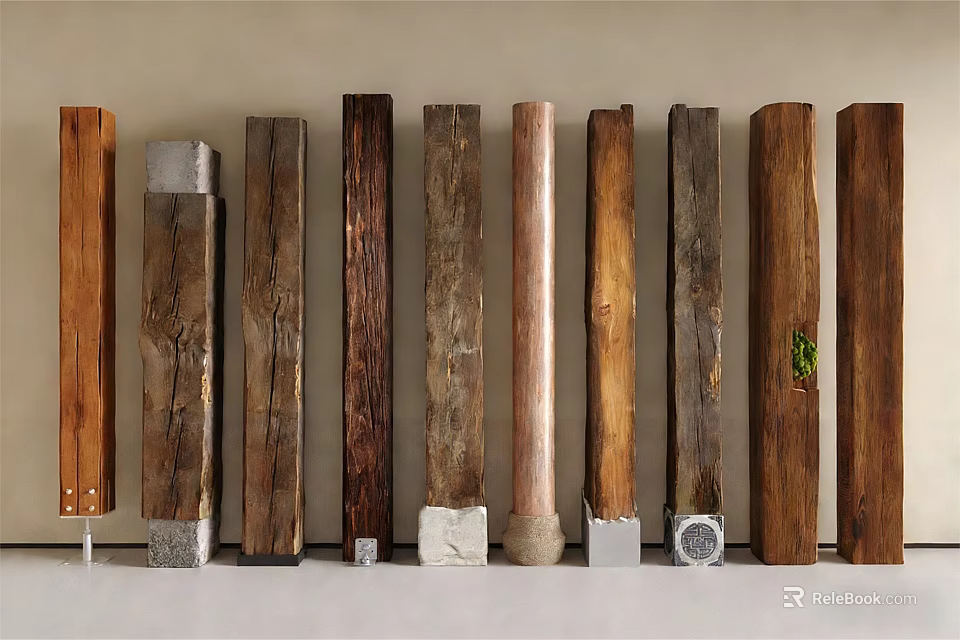 Rustic Wooden Pillars With Various Textures And Unique Base Designs For Interior Decor 3d model