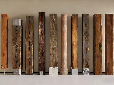 Rustic Wooden Pillars With Various Textures And Unique Base Designs For Interior Decor 3d model