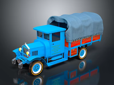 Blue Vintage Truck With Gray Canvas Cover Red Side Panels And White Rimmed Wheels 3d model
