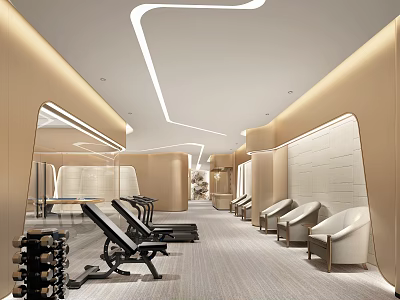 Modern Chandelier in Luxury Gym Interior Design with Linear Lighting and Fitness Equipment 3d model