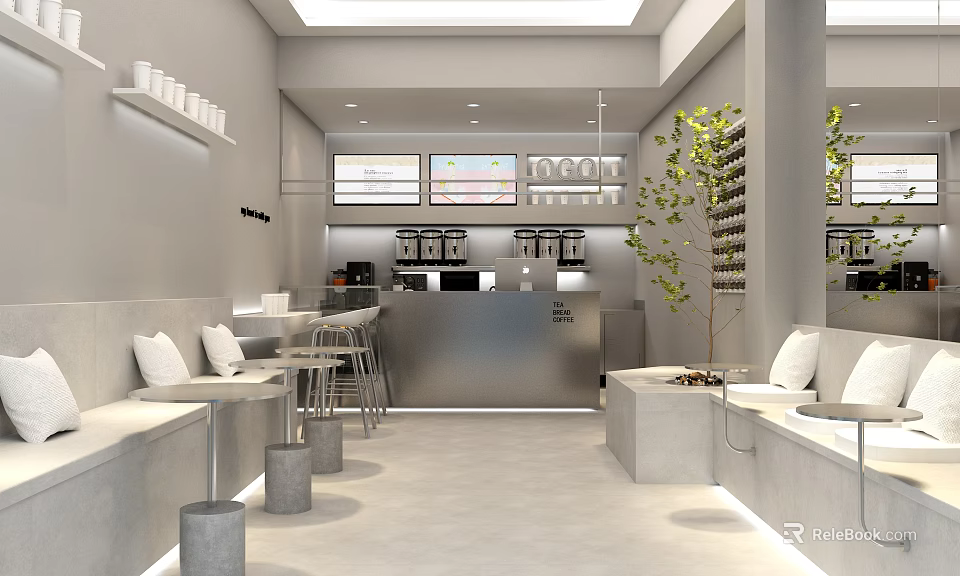 Modern Bubble Tea Shop Interior With Seating Area Bar Counter And Green Plants 3d model 