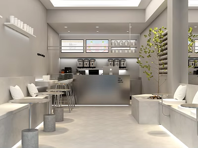 Modern Bubble Tea Shop Interior With Seating Area Bar Counter And Green Plants 3d model