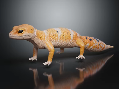 Orange Colored Gecko with Black Spots Standing on Dark Shiny Reflective Surface 3d model