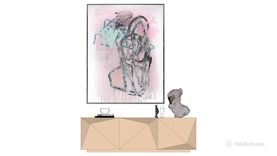 Modern Colorful Abstract Painting Hanging Above Beige Geometric Cabinet With Decorative Sculpture 3d model 