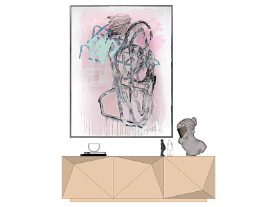 Modern Colorful Abstract Painting Hanging Above Beige Geometric Cabinet With Decorative Sculpture 3d model