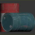 Red and Blue Weathered Drums Standing and Lying on Dark Surface