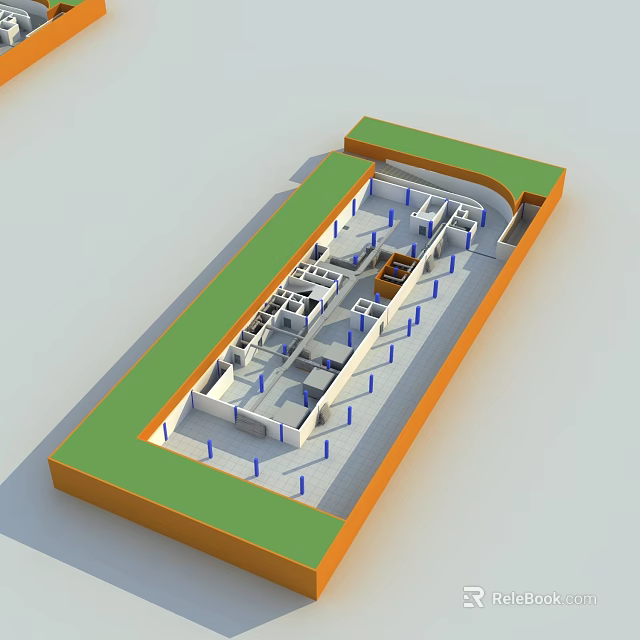 Parking Lot Layout Design Featuring Green Landscaping Orange Border White Lines And Blue Markers 3d model 