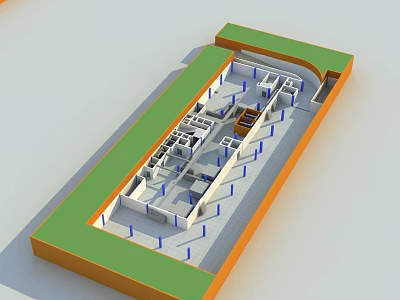 Parking Lot Layout Design Featuring Green Landscaping Orange Border White Lines And Blue Markers 3d model