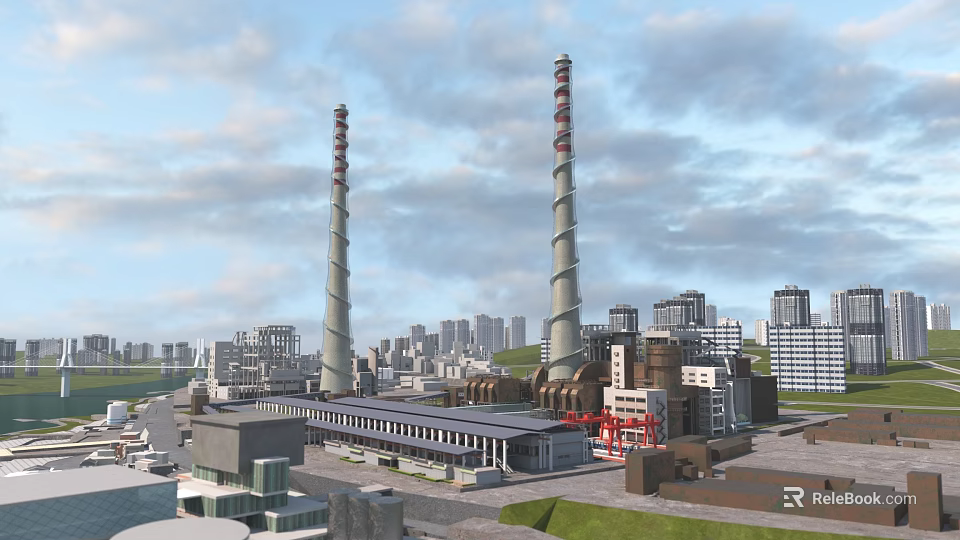 Industrial Factory Complex With Tall Spiral Chimneys In Urban Cityscape Background 3d model 