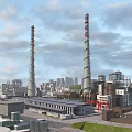 Industrial Factory Complex With Tall Spiral Chimneys In Urban Cityscape Background