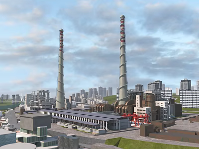Industrial Factory Complex With Tall Spiral Chimneys In Urban Cityscape Background 3d model